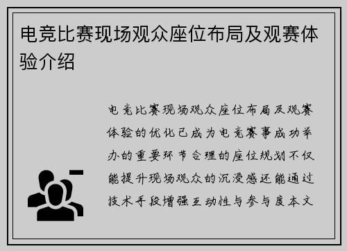 电竞比赛现场观众座位布局及观赛体验介绍