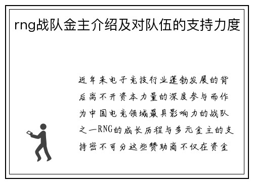 rng战队金主介绍及对队伍的支持力度